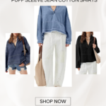 Womens Denim Tops Pullover Trendy Casual V Neck Loose Fit Puff Sleeve Jean Cotton Shirts