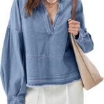 Womens Denim Tops Pullover Trendy Casual V Neck Loose Fit Puff Sleeve Jean Cotton Shirts 17