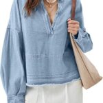 Womens Denim Tops Pullover Trendy Casual V Neck Loose Fit Puff Sleeve Jean Cotton Shirts 18