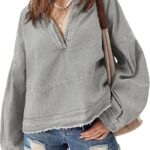 Womens Denim Tops Pullover Trendy Casual V Neck Loose Fit Puff Sleeve Jean Cotton Shirts 20