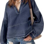 Womens Denim Tops Pullover Trendy Casual V Neck Loose Fit Puff Sleeve Jean Cotton Shirts 21
