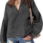 Womens Denim Tops Pullover Trendy Casual V Neck Loose Fit Puff Sleeve Jean Cotton Shirts 23