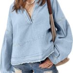 Womens Denim Tops Pullover Trendy Casual V Neck Loose Fit Puff Sleeve Jean Cotton Shirts 24