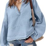 Womens Denim Tops Pullover Trendy Casual V Neck Loose Fit Puff Sleeve Jean Cotton Shirts 25