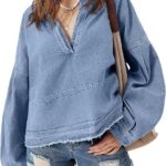 Womens Denim Tops Pullover Trendy Casual V Neck Loose Fit Puff Sleeve Jean Cotton Shirts 27
