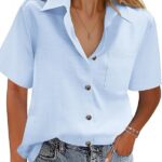 The Perfect Casual Blouse_ Cotton Linen V Neck Short Sleeve with Pocket 05