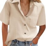 The Perfect Casual Blouse_ Cotton Linen V Neck Short Sleeve with Pocket 19