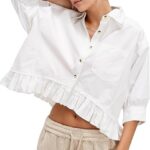Trendy Striped Button Down Shirt_ Loose Fit Drop Shoulder Ruffle Hem Detail 01