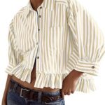 Trendy Striped Button Down Shirt_ Loose Fit Drop Shoulder Ruffle Hem Detail 03