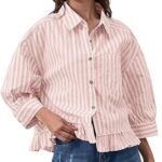 Trendy Striped Button Down Shirt_ Loose Fit Drop Shoulder Ruffle Hem Detail 04