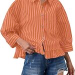 Trendy Striped Button Down Shirt_ Loose Fit Drop Shoulder Ruffle Hem Detail 05