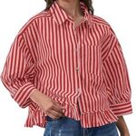 Trendy Striped Button Down Shirt_ Loose Fit Drop Shoulder Ruffle Hem Detail 08