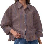 Trendy Striped Button Down Shirt_ Loose Fit Drop Shoulder Ruffle Hem Detail 09