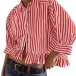 Trendy Striped Button Down Shirt_ Loose Fit Drop Shoulder Ruffle Hem Detail 10