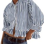 Trendy Striped Button Down Shirt_ Loose Fit Drop Shoulder Ruffle Hem Detail 11