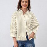 Trendy Striped Button Down Shirt_ Loose Fit Drop Shoulder Ruffle Hem Detail 12