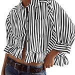 Trendy Striped Button Down Shirt_ Loose Fit Drop Shoulder Ruffle Hem Detail 13