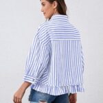 Trendy Striped Button Down Shirt_ Loose Fit Drop Shoulder Ruffle Hem Detail 14
