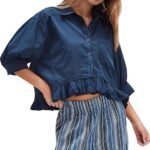 Trendy Striped Button Down Shirt_ Loose Fit Drop Shoulder Ruffle Hem Detail 15