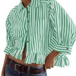 Trendy Striped Button Down Shirt_ Loose Fit Drop Shoulder Ruffle Hem Detail 16