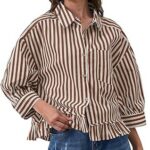 Trendy Striped Button Down Shirt_ Loose Fit Drop Shoulder Ruffle Hem Detail 19