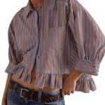 Trendy Striped Button Down Shirt_ Loose Fit Drop Shoulder Ruffle Hem Detail 20