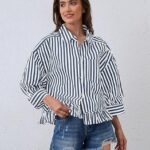Trendy Striped Button Down Shirt_ Loose Fit Drop Shoulder Ruffle Hem Detail 21